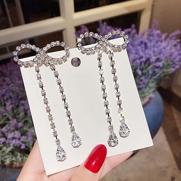 Girls Silver Crystal Bowknot Tassels Statement Earrings Bow Shiny Bar Earrings - Picture 3 of 3